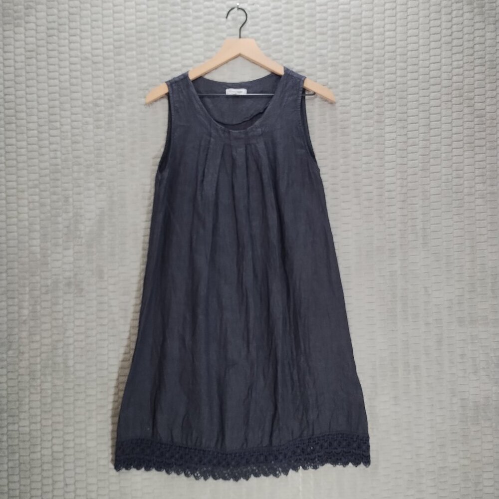 Rosemarine Dark Gray Lace Trimmed Sleeveless Linen Dress-Knee Length-Pleats-Sz S